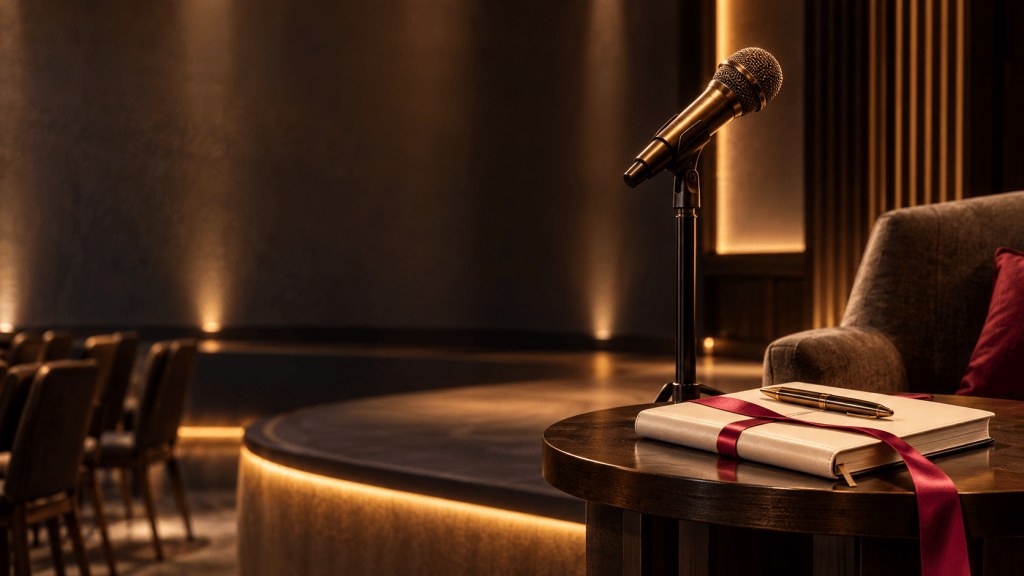 Burnished bronze microphone beside an ivory journal in a warmly lit speaking venue.
